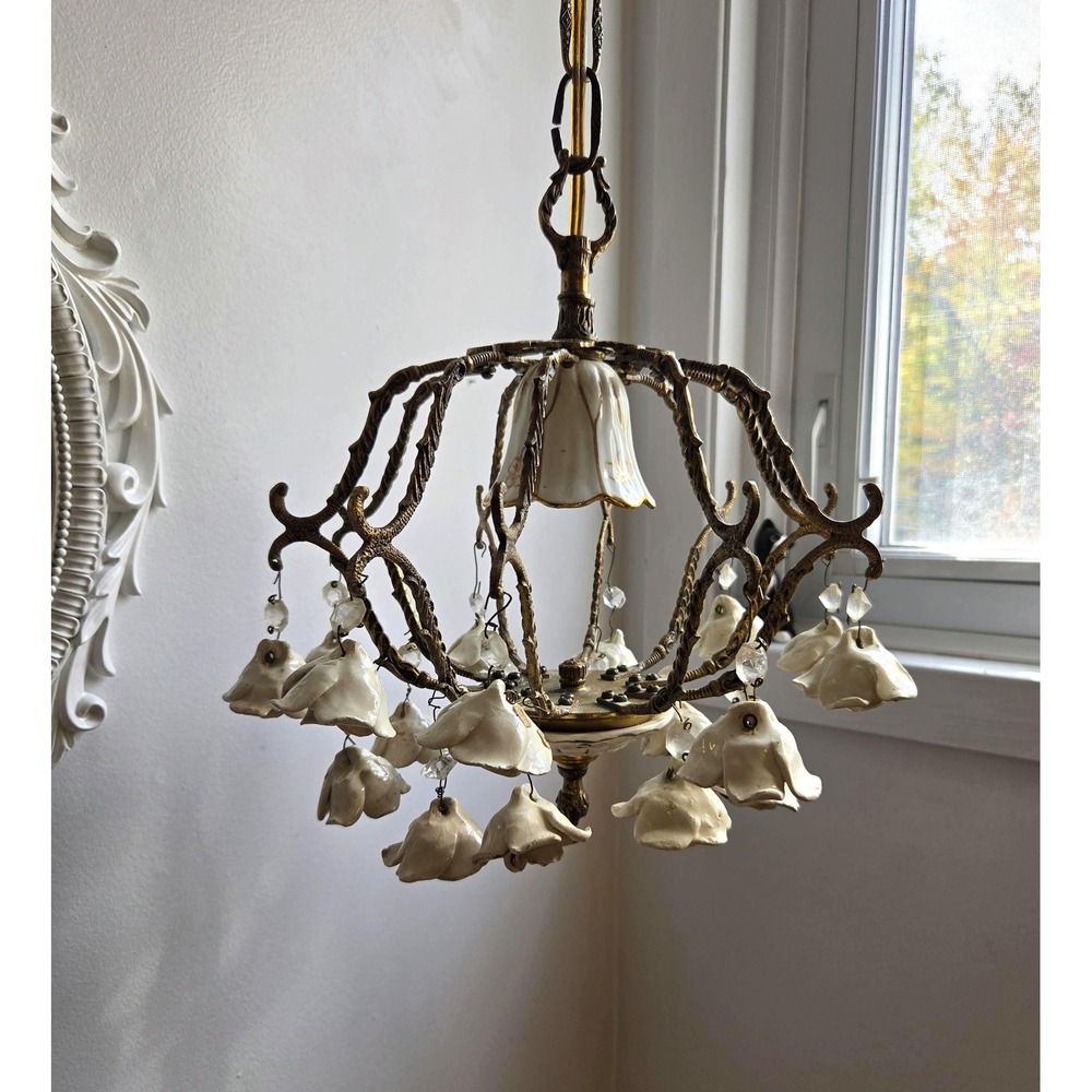 Vintage Spanish Porcelain Rose Chandelier Brass Floral Hanging Light 1960s